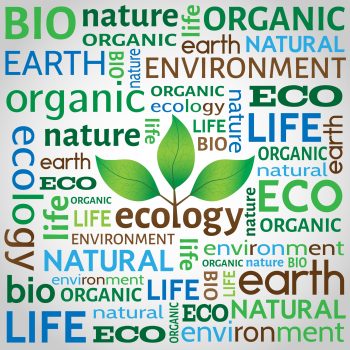Different words related to ecology with tree with leaves logo in the middle.